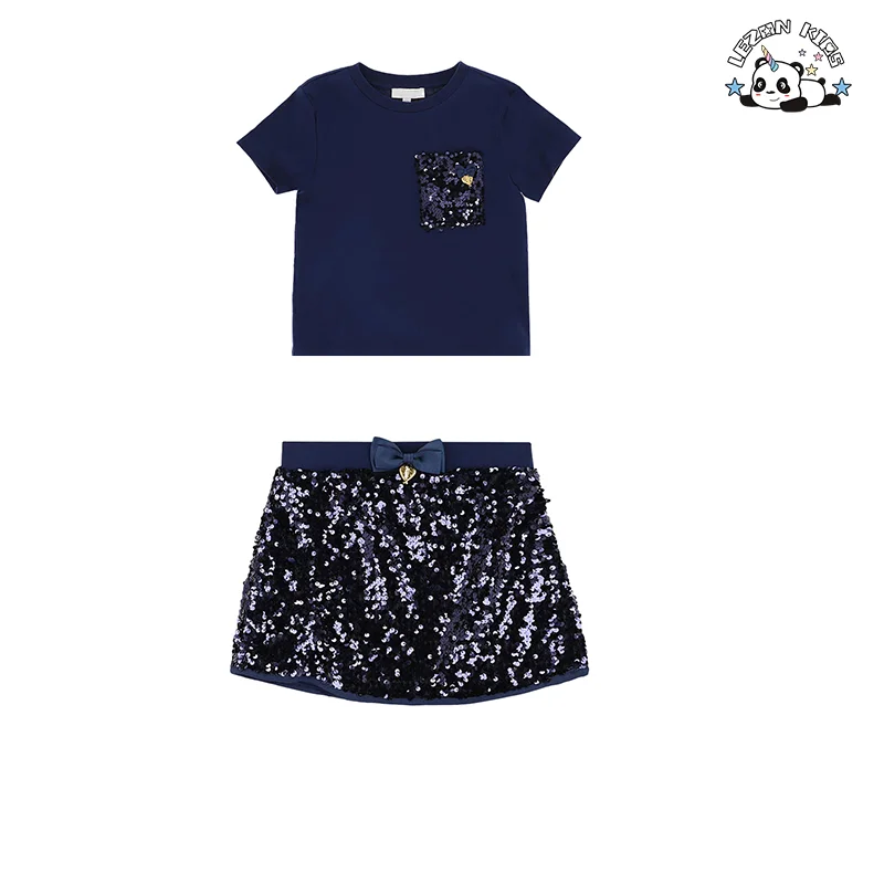 LEZONKIDS - Customizable Blue Sequin Party T-shirt and Skirt Set Girls Sets Child Clothing for Teen Girls